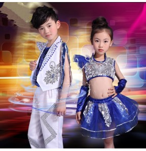 White and royal blue patchwork boys girls kids children modern dance school t play jazz hip hop stage performance singer dj ds cos play dance costumes outfits dresses